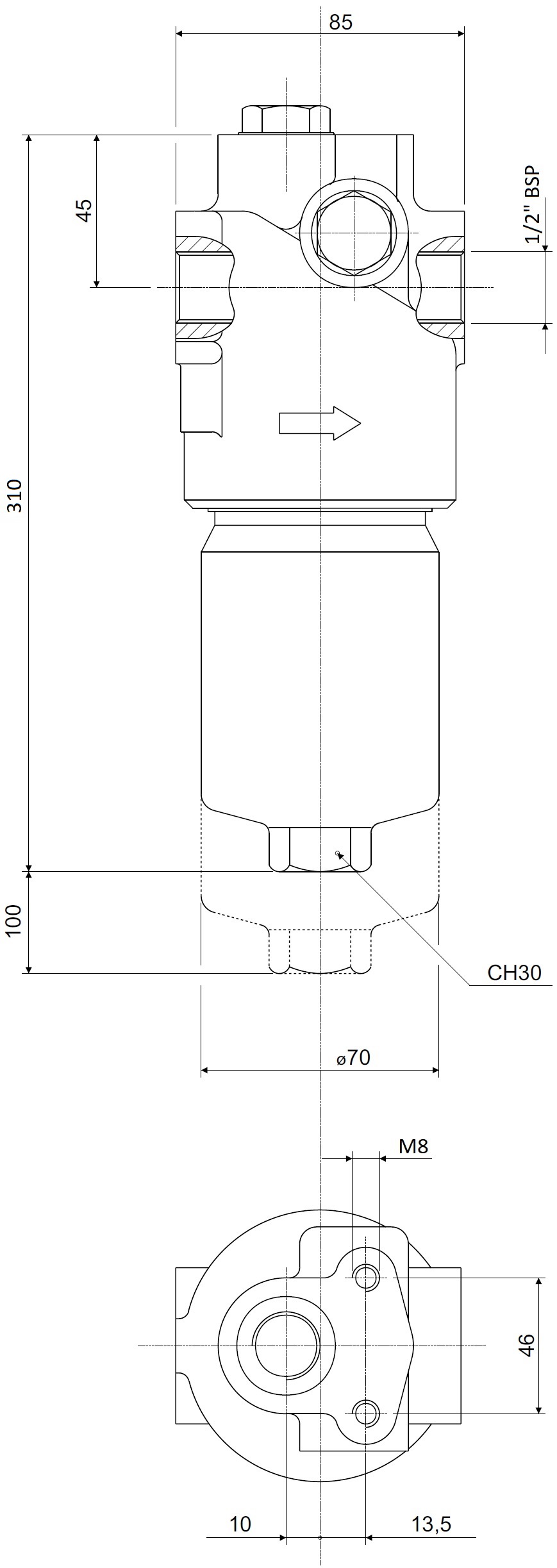 Габаритные и монтажные размеры напорного фильтра HPM283C10XNR