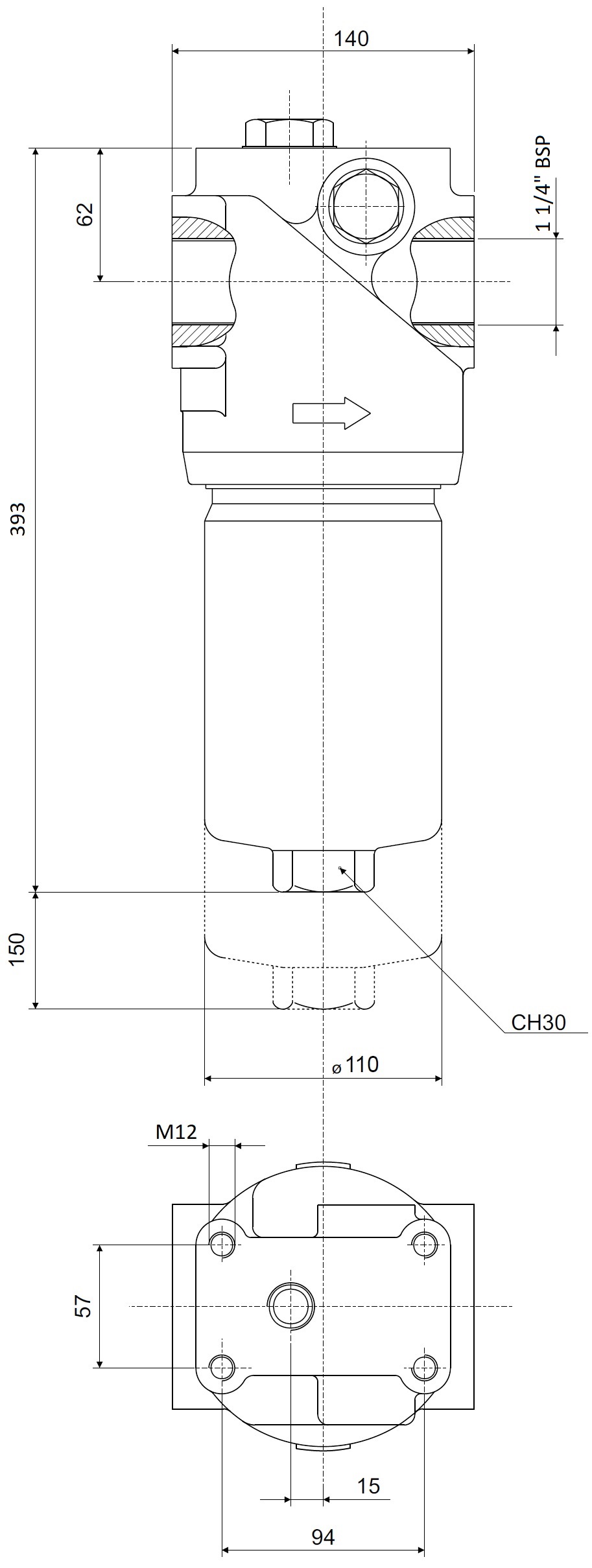 Габаритные и монтажные размеры напорного фильтра HPM622T25XNR1