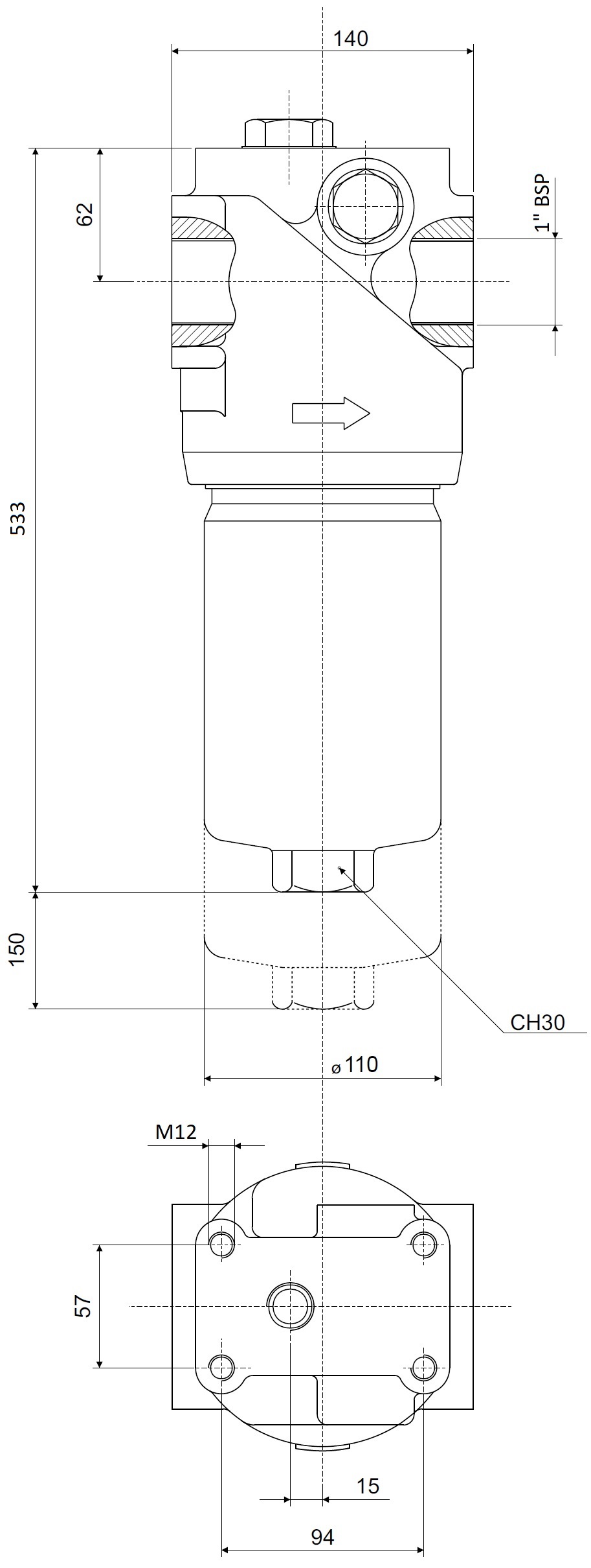 Габаритные и монтажные размеры напорного фильтра HPM623C10XNR