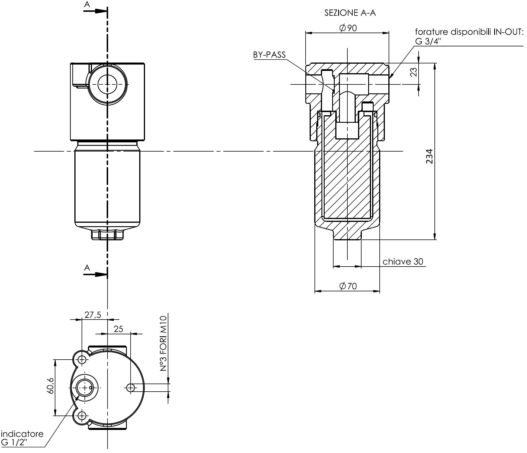 Габаритные и монтажные размеры напорного фильтра HMM425F25XNR1