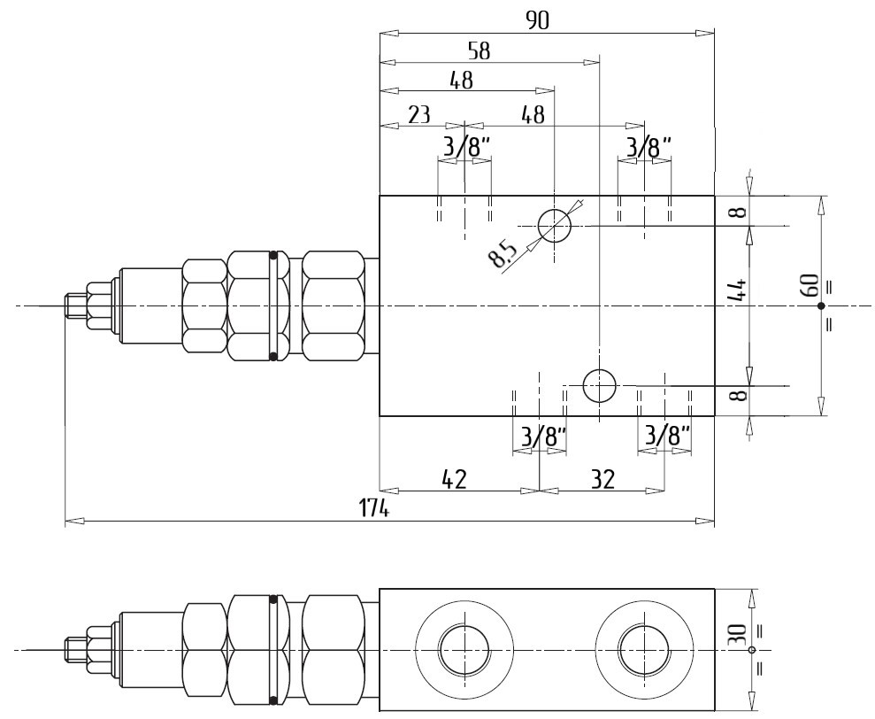 V0407-VBCD 3/8 SE CC - Тормозной клапан гидравлический, односторонний, G3/8" BSP, 1:3.1, 35 л/мин, 350 бар.