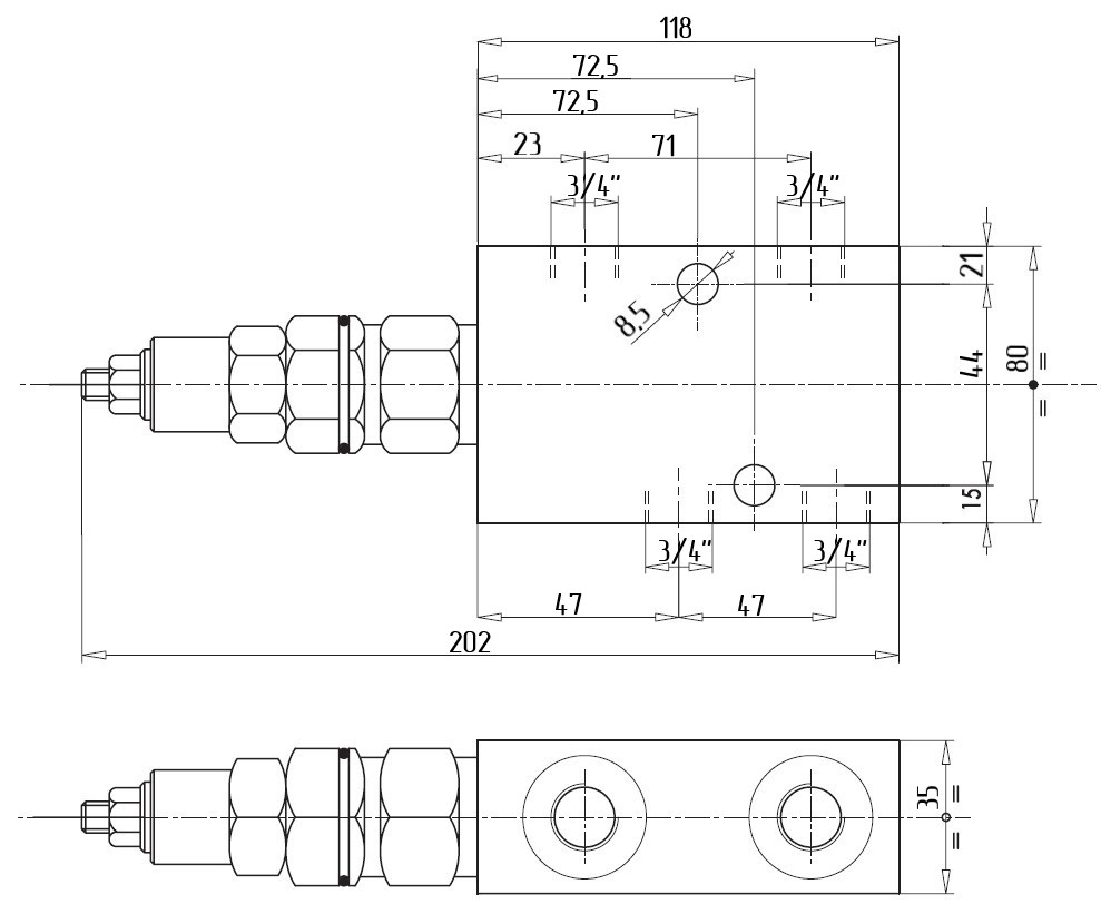 V0409-VBCD 3/4 SE CC - Тормозной клапан гидравлический, односторонний, G3/4" BSP, 1:5.5, 105 л/мин, 350 бар.