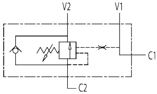 Гидравлическая схема обозначения V0392/FLV-VBCD 3/8 SE/A FLV - Тормозной клапан гидравлический, односторонний, G3/8" BSP, 1:4.5, 40 л/мин, 350 бар.