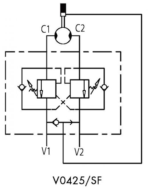 Гидравлическая схема обозначения V0425-VBCDF 1/2 DE OMP-OMR — Подпорно-тормозной клапан, двусторонний, G1/2" BSP, 1:4.5, 50 л/мин, 350 бар.