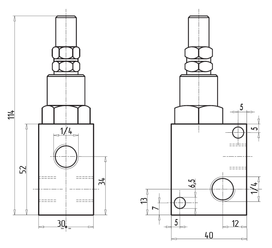 V0689/180-VMP 1/4 - предохранительный клапан, G1/4" BSP, 30 л/мин, Pmax=350 бар, Pнастр=10-180 бар