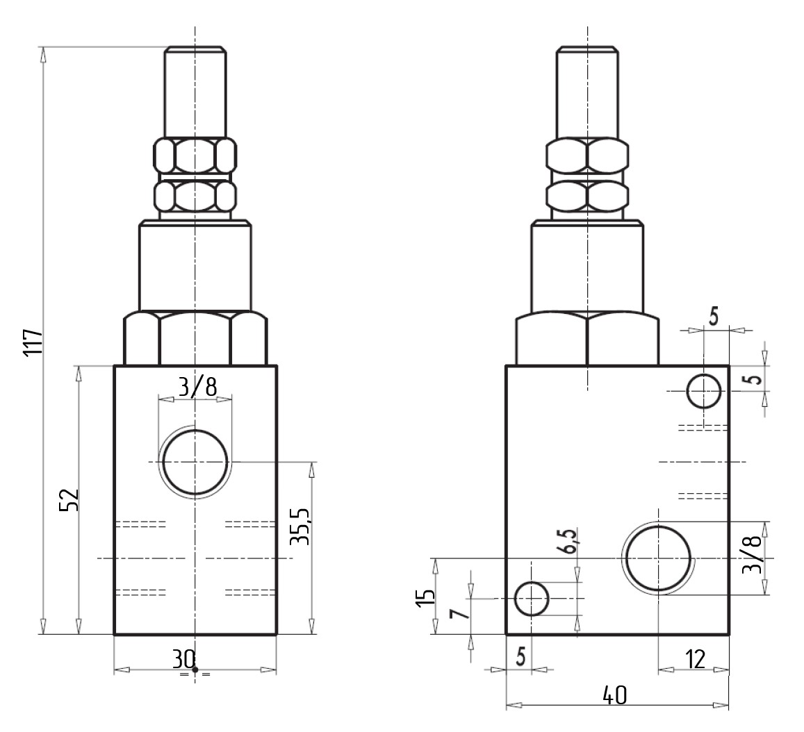 V0690/180-VMP 3/8 - предохранительный клапан, G1/4" BSP, 40 л/мин, Pmax=350 бар, Pнастр=10-180 бар