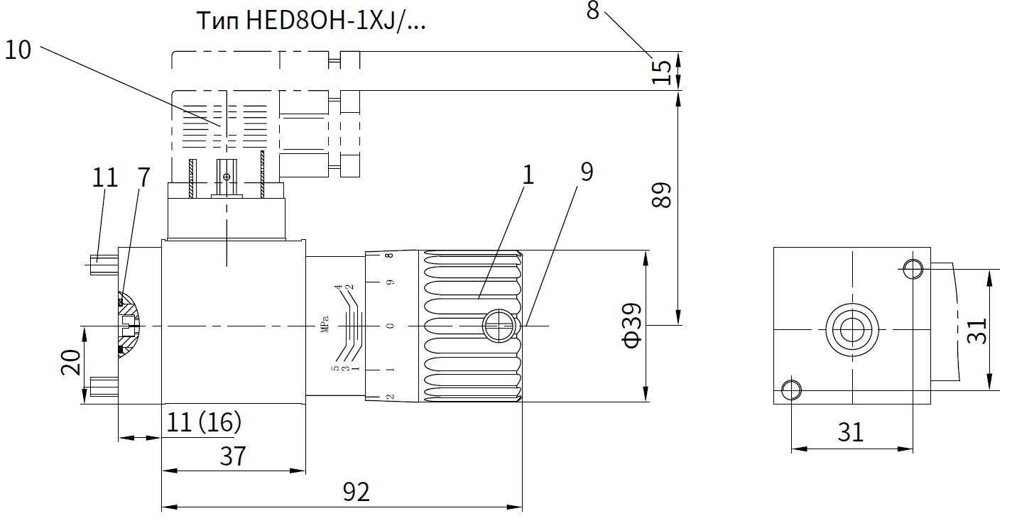 Монтажные размеры HED8OH-1XJ/5Z14KW - поршневое реле давления, настройка до 50 бар
