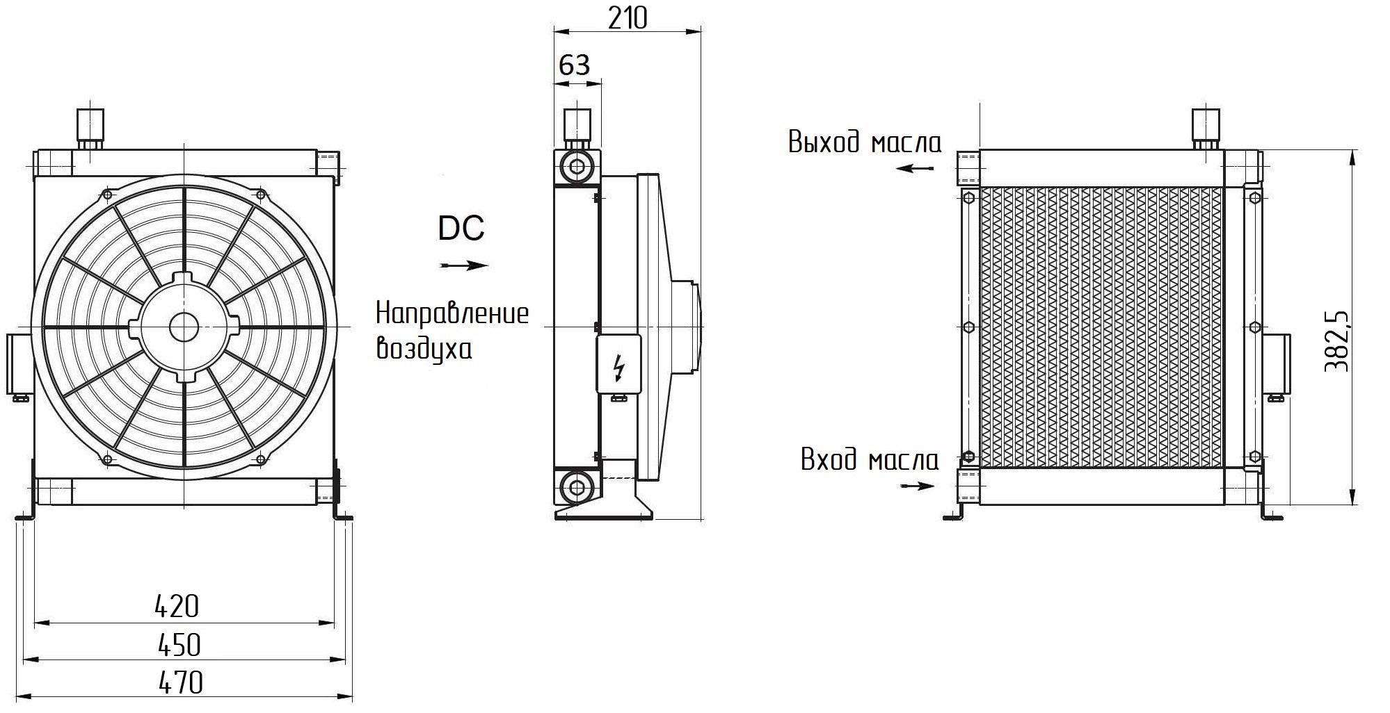 Габаритные размеры воздушно-масляного теплообменника BC250212VDC