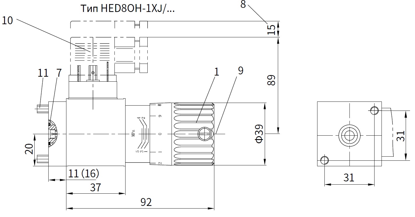 Монтажные размеры HED8OH-1XJ/10Z14KW - поршневое реле давления, настройка до 100 бар