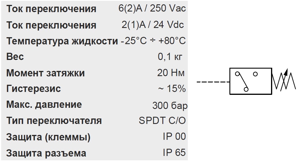 Технические параметры и обозначение для реле давления PSL01S0100