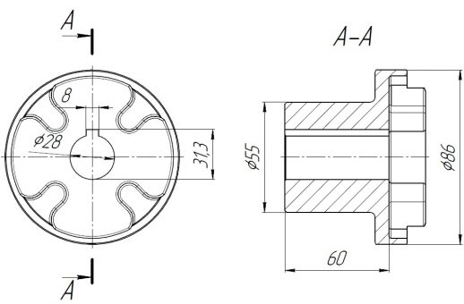 Габаритные размеры полумуфты ND86A