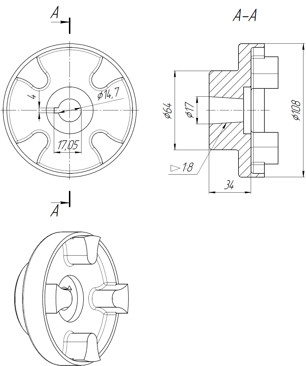 Габаритные размеры полумуфты ND108P2