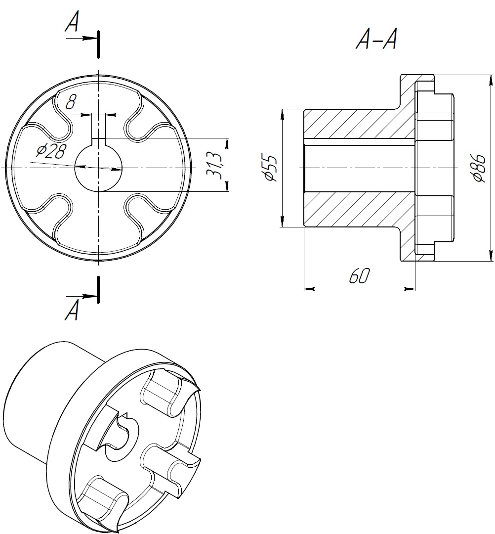 Габаритные размеры полумуфты ND86A