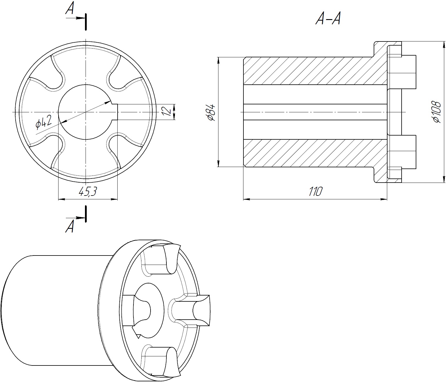 Габаритные размеры полумуфты ND108B