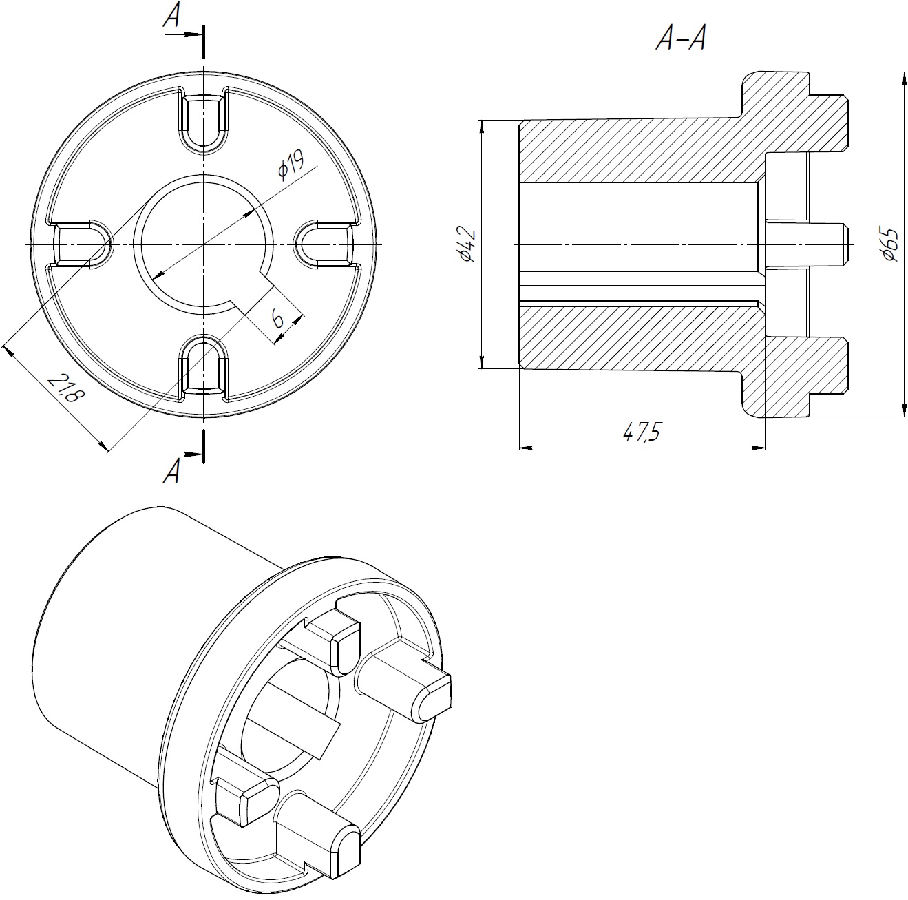 Габаритные размеры полумуфты ND65A