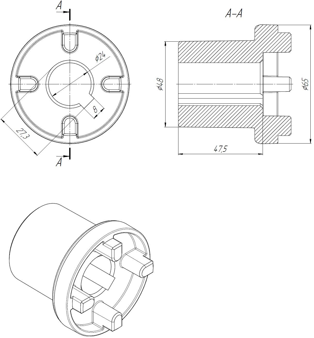 Габаритные размеры полумуфты ND65B