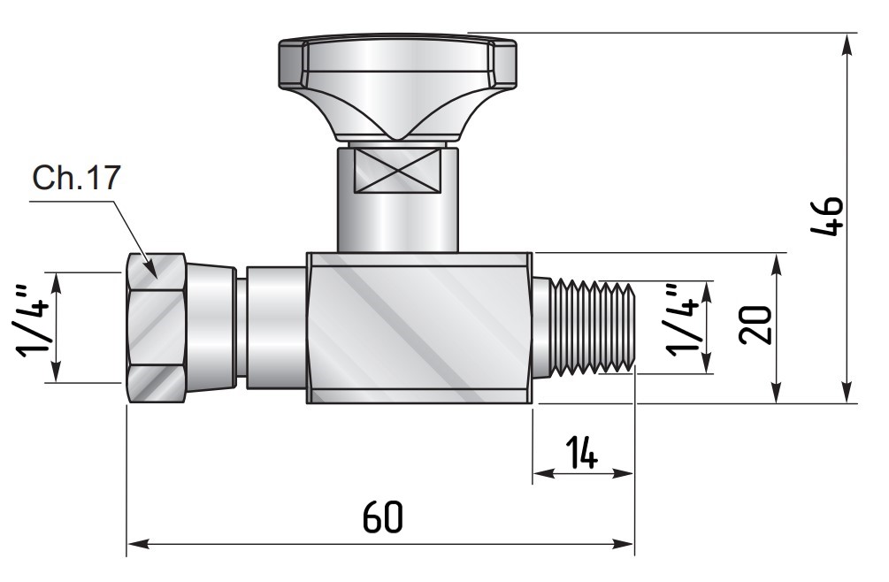 Габаритные размеры ES180ZL - кран манометра прямой 1/4" BSP-BSPT 400 бар