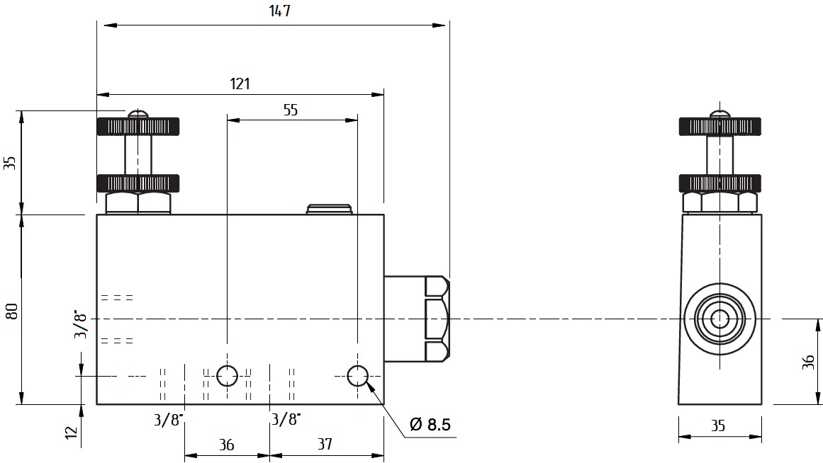 Габаритные размеры, регулятора расхода V1070-VPR3 1/2